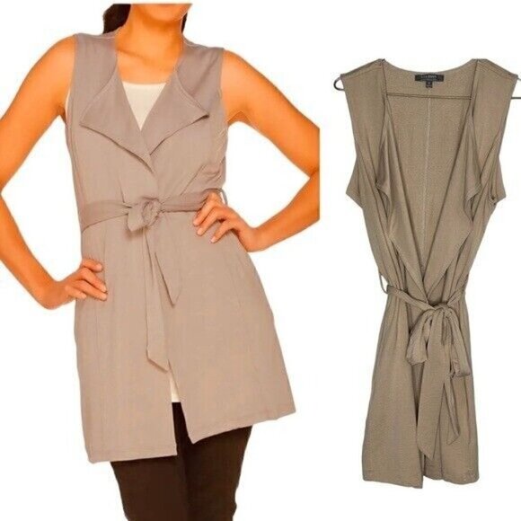 LISA Rinna Collection French Terry Duster Vest Size Small Belted Oatmeal - Picture 1 of 12